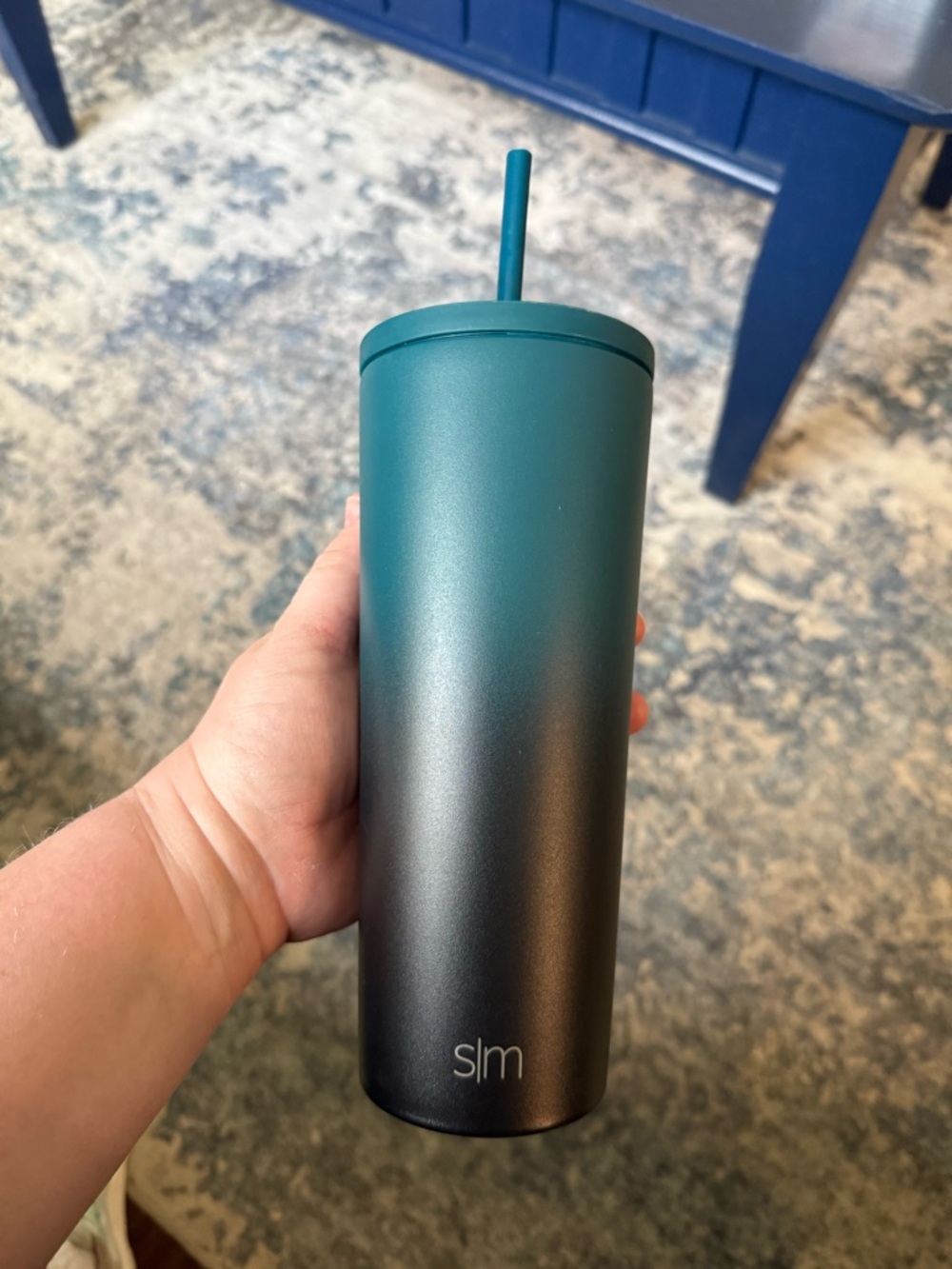Simple Modern Ombre Teal to Black Tumbler with Straw